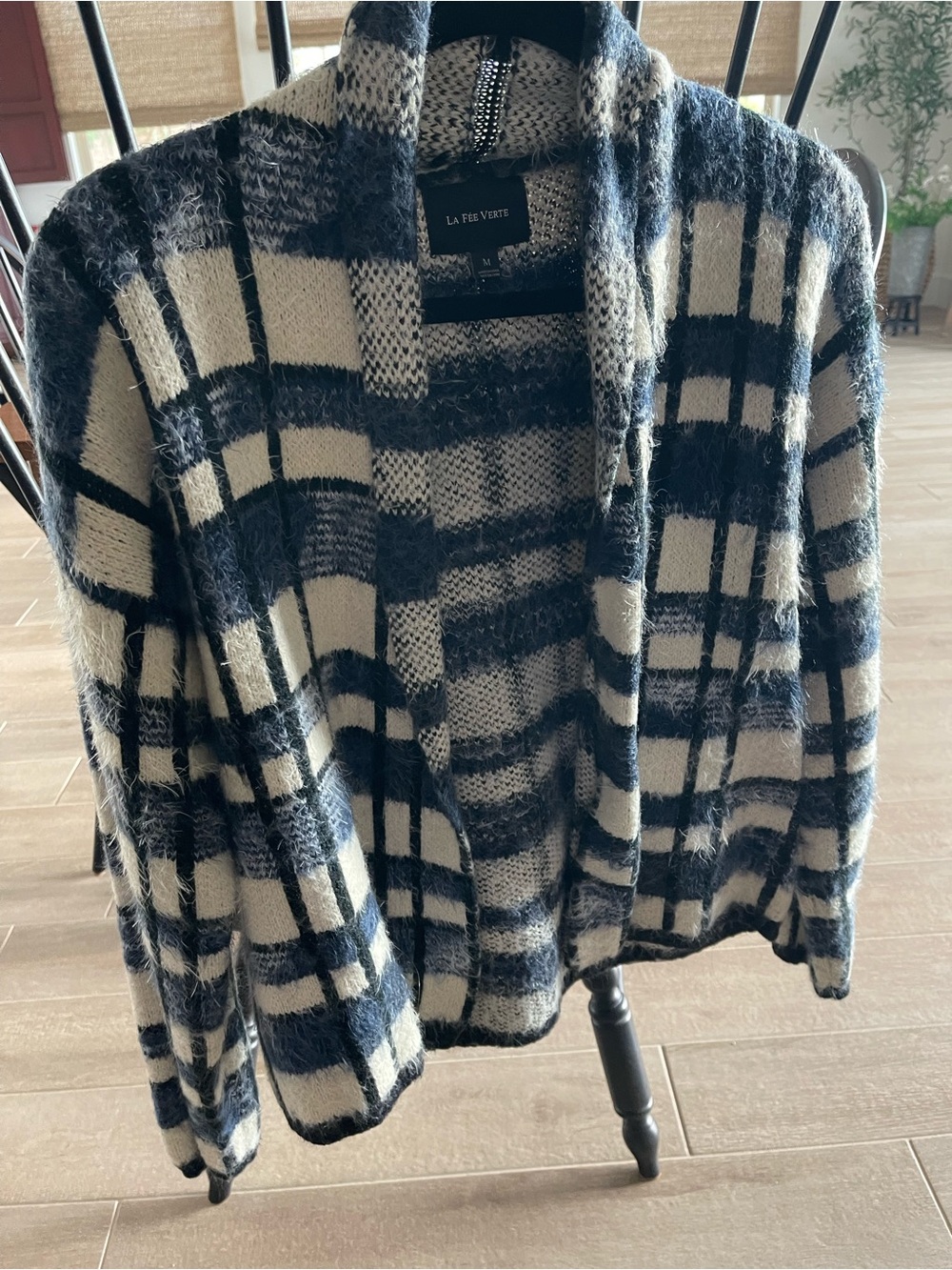 Blue, Black & Cream Plaid Open-Front Cardigan